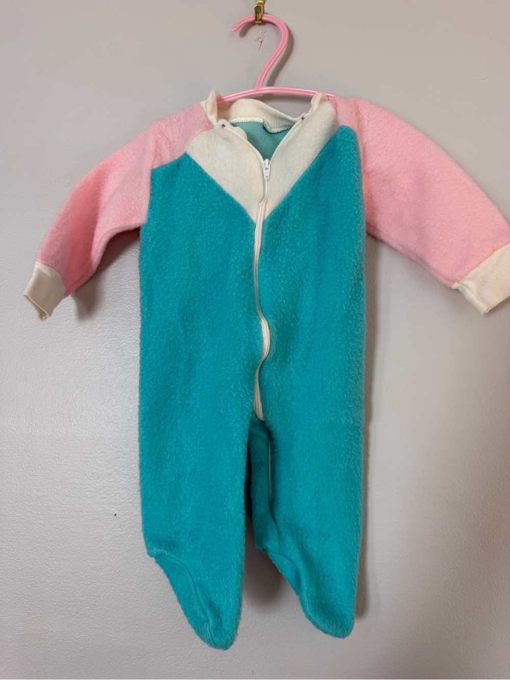 Vintage 80s Kids Two-Tone Fleece One-Piece - Pink and Teal